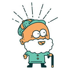 traditional tattoo style happy old man with walking stick