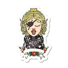 elf rogue character with natural twenty dice roll grunge sticker