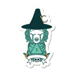 crying half orc witch character with natural one roll sticker