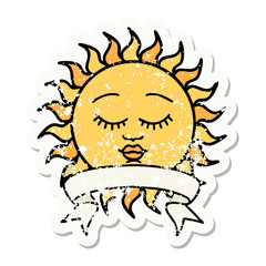 grunge sticker with banner of a sun with face