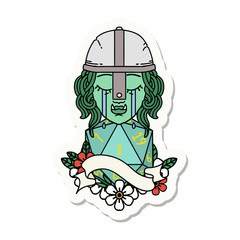 crying orc fighter character face with natural one d20 roll sticker