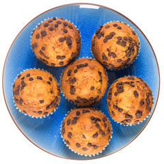 Muffins with chocolate chips on a ceramic plate