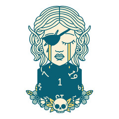 crying elf rogue character face with natural one D20 roll illustration