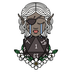 crying elf rogue character face with natural one D20 roll illustration