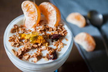 Close up image of a cup of sugarfree yogurt with two pieces of tangerine granola and honey bee, with blurry tangerines and a spoon on the background on a blue napkin over a wooden table