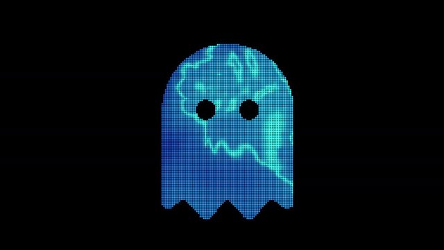 The symbol ghost is assembled from small balls. Then it shimmers with blue. It crumbles and disappears. In - Out loop. Alpha channel Premultiplied - Matted with color black