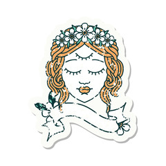 grunge sticker with banner of female face with third eye