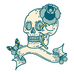 tattoo with banner of a skull and rose