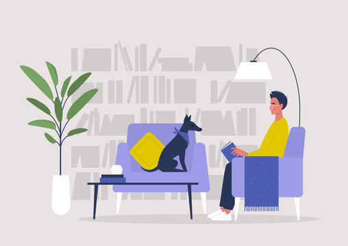 Young male character reading a book in a home library, lifestyle illustration
