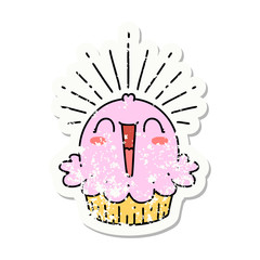 grunge sticker of tattoo style happy singing cupcake