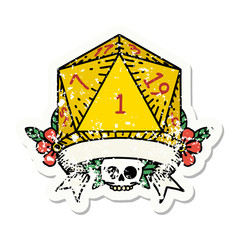 natural one d20 dice roll grunge sticker