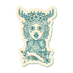 elf druid character with natural twenty dice roll illustration