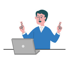 男性　お兄さん　パソコン　幸運を祈る　クロスフィンガー