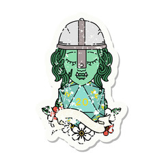 half orc fighter character with natural 20 dice roll grunge sticker