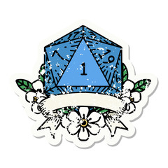 natural one d20 dice roll grunge sticker