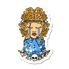 crying human barbarian with natural one D20 roll grunge sticker