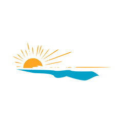 sunset logo design vector of yellow sun and blue sea waves on the frame illustration