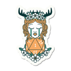 crying human druid with natural one D20 roll sticker