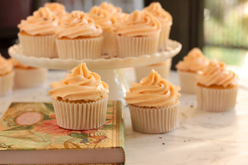 Vanilla cupcakes on a cake tray and on a book