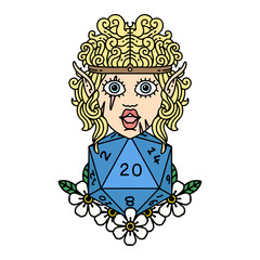 elf barbarian character with natural twenty dice roll illustration