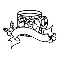 black linework tattoo with banner of a cup and flowers