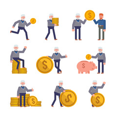 Old man showing various actions with golden coins. Old businessman holding big coin, saving money. Flat design vector illustration