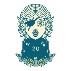 elf rogue character with natural twenty dice roll illustration