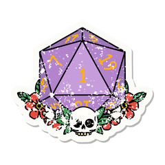 natural one dice roll with floral elements grunge sticker