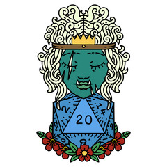 half orc barbarian with natural twenty dice roll illustration