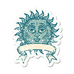 grunge sticker with banner of a sun with face