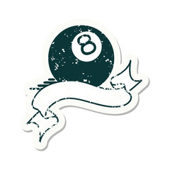 grunge sticker with banner of a 8 ball