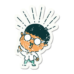 grunge sticker of tattoo style man with genius idea