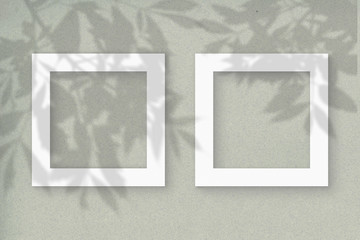 The 2 square frames on a pastel gray wall background. Mockup overlay with the plant shadows. Natural light casts shadows from the tree's foliage. Flat lay, top view