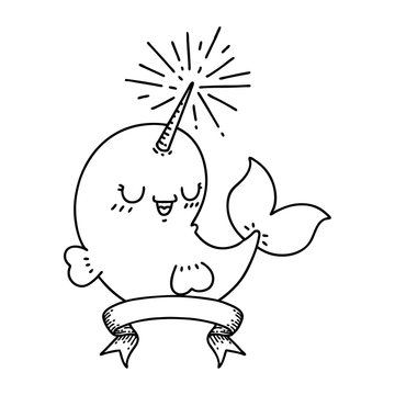 recommend clip art: banner with black line work tattoo style happy narwhal