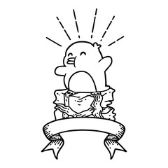 banner with black line work tattoo style penguin sitting on present