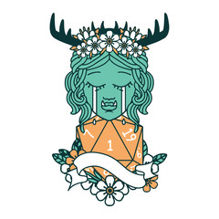 crying orc barbarian character face with natural one D20 roll illustration