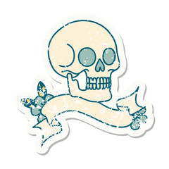 grunge sticker with banner of a skull