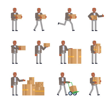 Black Or Indian Old Man Standing With Parcel Box, Running, Walking, Showing Various Gestures. Flat Design Vector Illustration