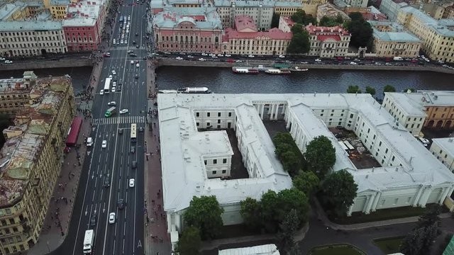 St. Petersburg. Russia. Aerial View of Nevsky Prospect Avenue. Anchikov Bridge and Fontanka River With Historic Buildings on Riverbanks