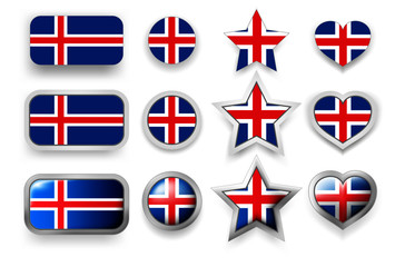 Set of Iceland vector labels square button, circle button, star and heart buttons in flag colors blue, red, white for flyer, poster or any holiday design