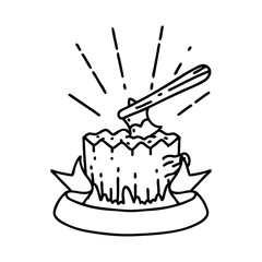 banner with black line work tattoo style axe in tree stump