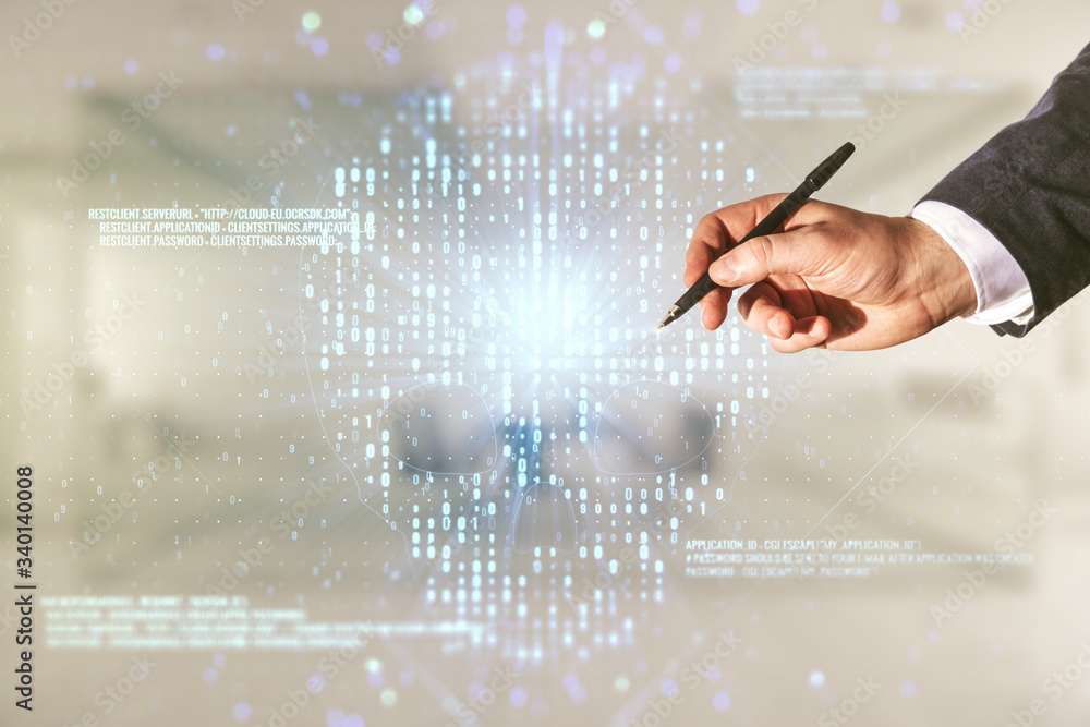 Aufkleber man hand with pen working with abstract virtual code skull hologram on blurred office background, cy