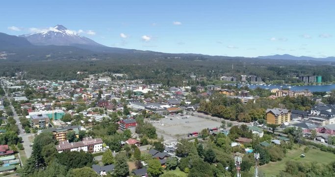 Aerial view of Puc&oacute;n, Araucania, Chile. Volcan. 4K.