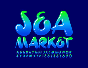 Vector colorful Sign Sea Market. Glossy stylish Font. Playful Alphabet Letters and Numbers.