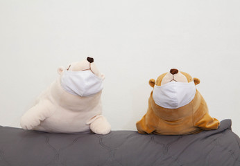 Two bear dolls wearing medical mask to prevent coronavirus infection. Concept of staying at home for self quarantine