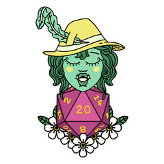 half orc bard with natural twenty dice roll  illustration