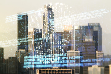 Abstract virtual code skull hologram on Los Angeles cityscape background, cybercrime and hacking concept. Multiexposure