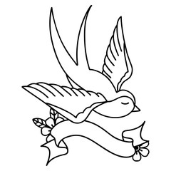 black linework tattoo with banner of a swallow