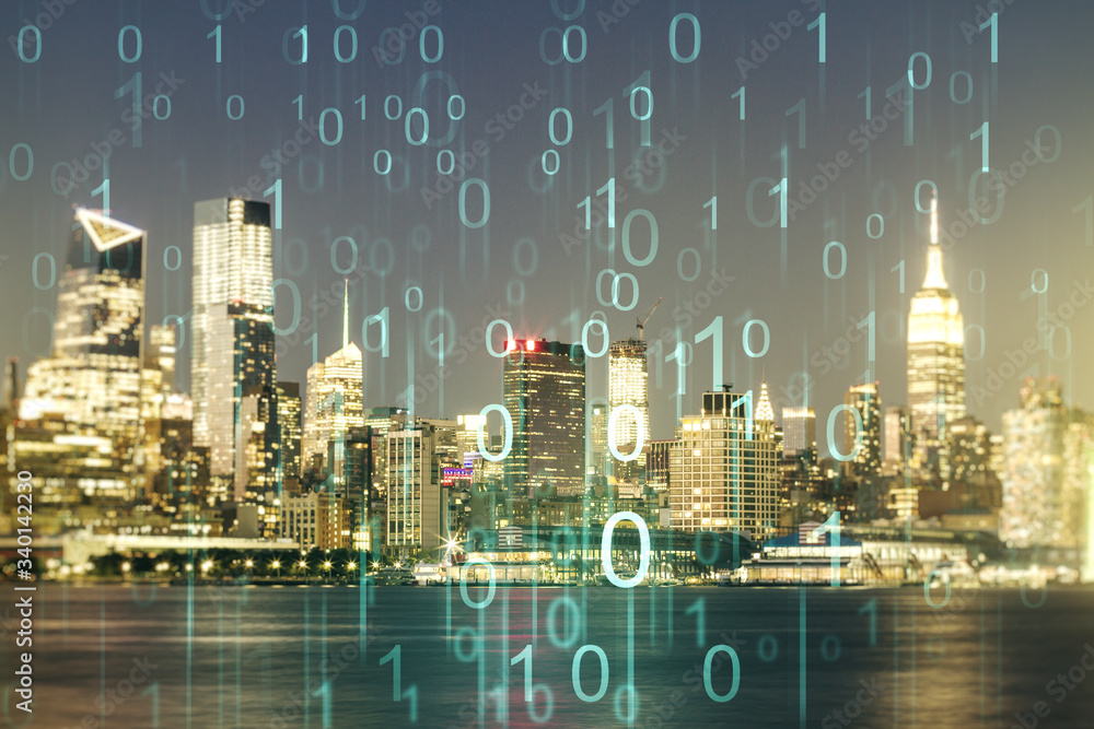 Poster abstract virtual binary code hologram on new york cityscape background, ai and machine learning conc