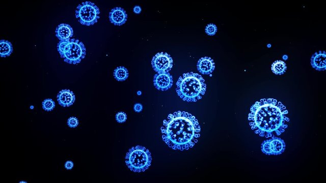blue glowing holographic image of coronavirus like covid-19 virus or influenza virus flies in air or float smoothly on black background. 3D animation in 4k looped. For informational presentation.
